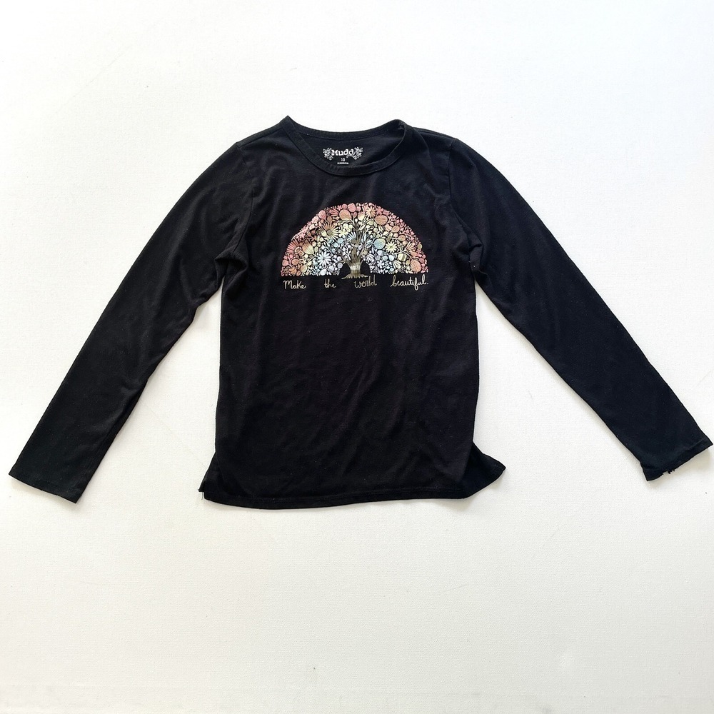 Mudd Girls Size 10 Black Rainbow Graphic Long Sleeve Shirt Boho Y2K Casual Top